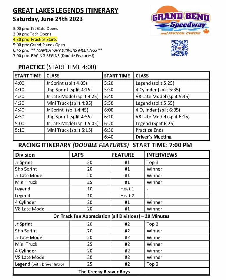 Itinerary For Grand Bend Speedway On June 24 – Great Lakes Legends Series